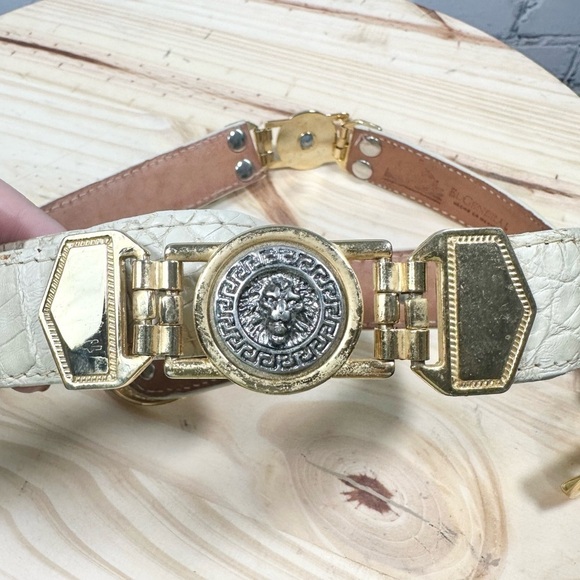 Vintage El General Genuine Caiman Skin Belt Cream Gold Metal Lion Western 40 main image 10